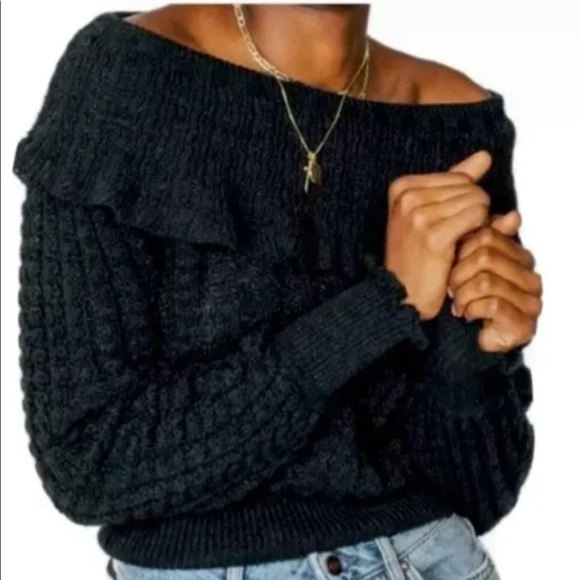 Free People Black Knit Off The Shoulder Sweater Size XS - Picture 2 of 9